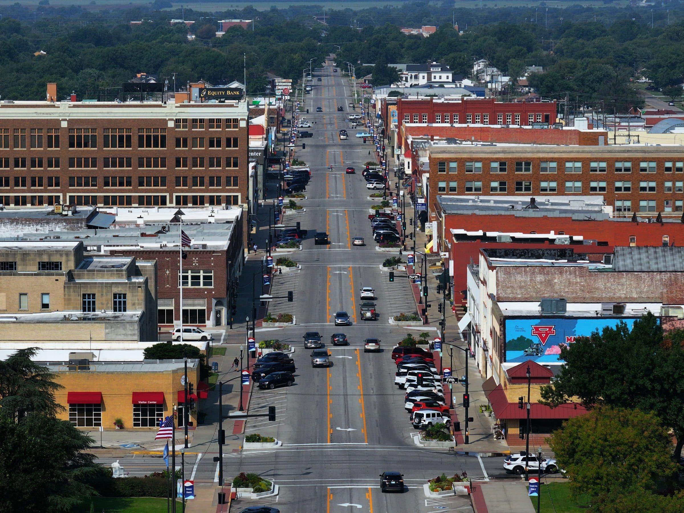 Aerial view looking down Grand Avenue through downtown Ponca City, Oklahoma