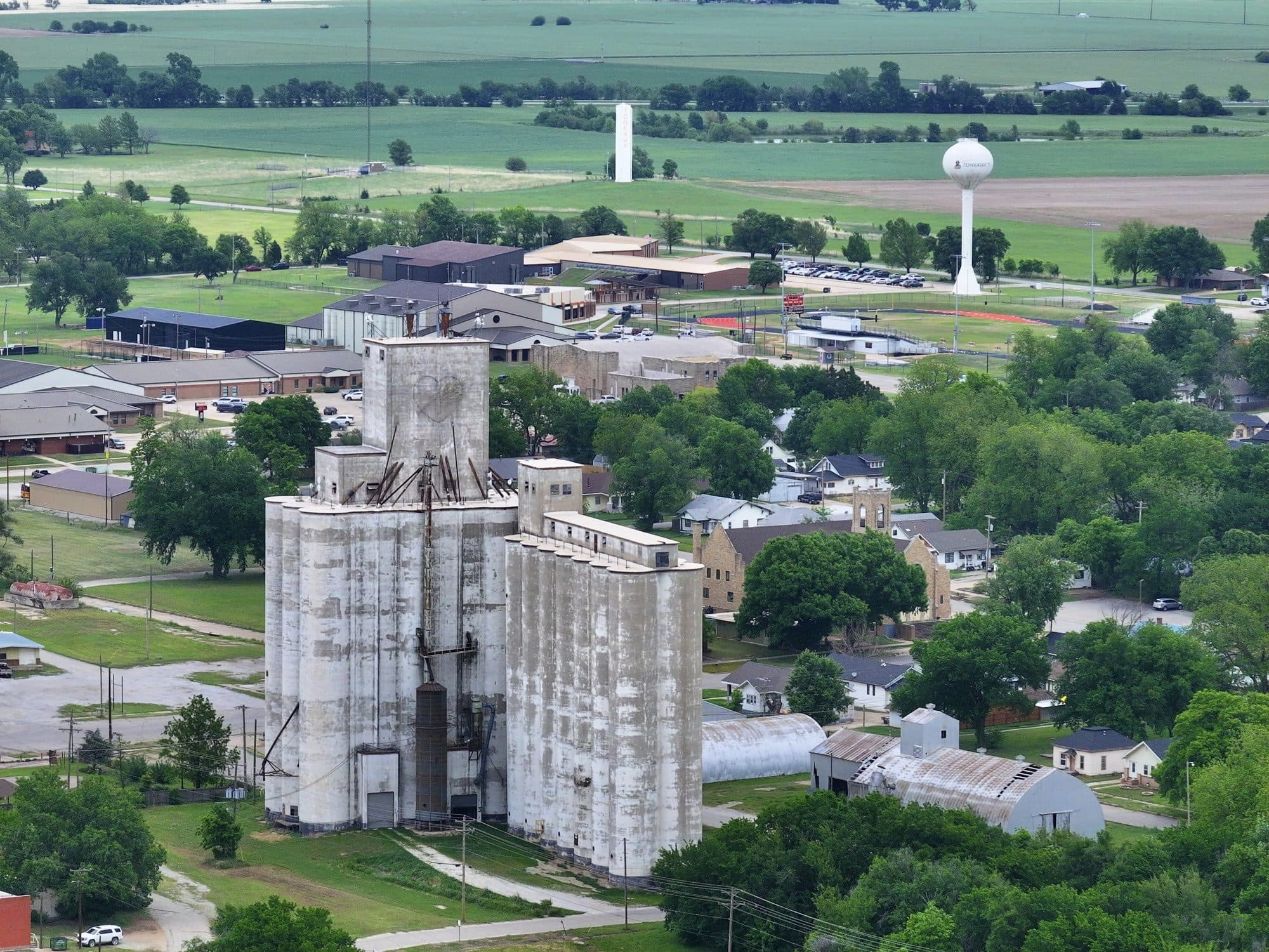 Aerial view of Tonkawa, Oklahoma, with the grain elevator, water tower and surrounding farmland